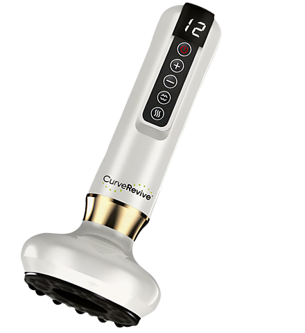White and gold massage device with digital display on a white background